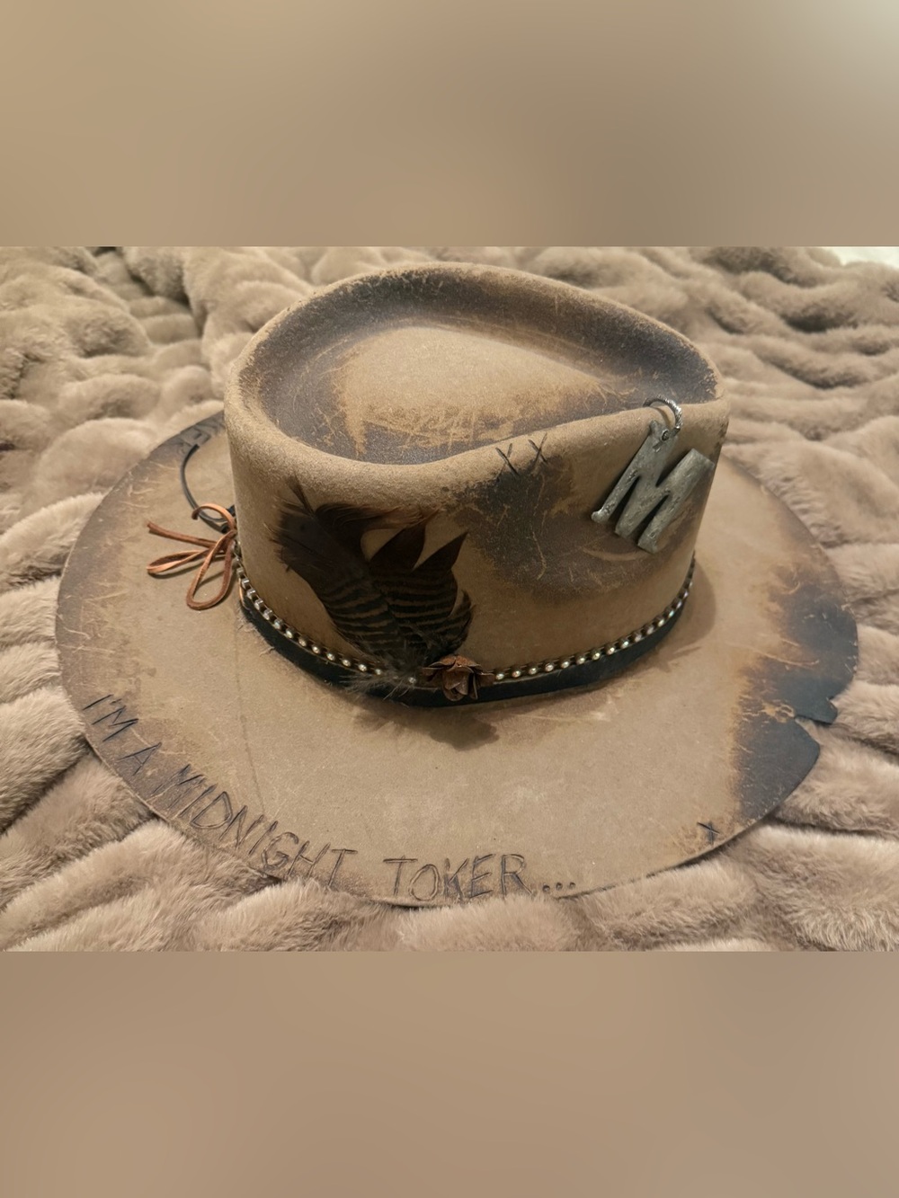 Custom Designed Burn Engraved Western Hat With Feather & M Charm - Large / 7 1/4